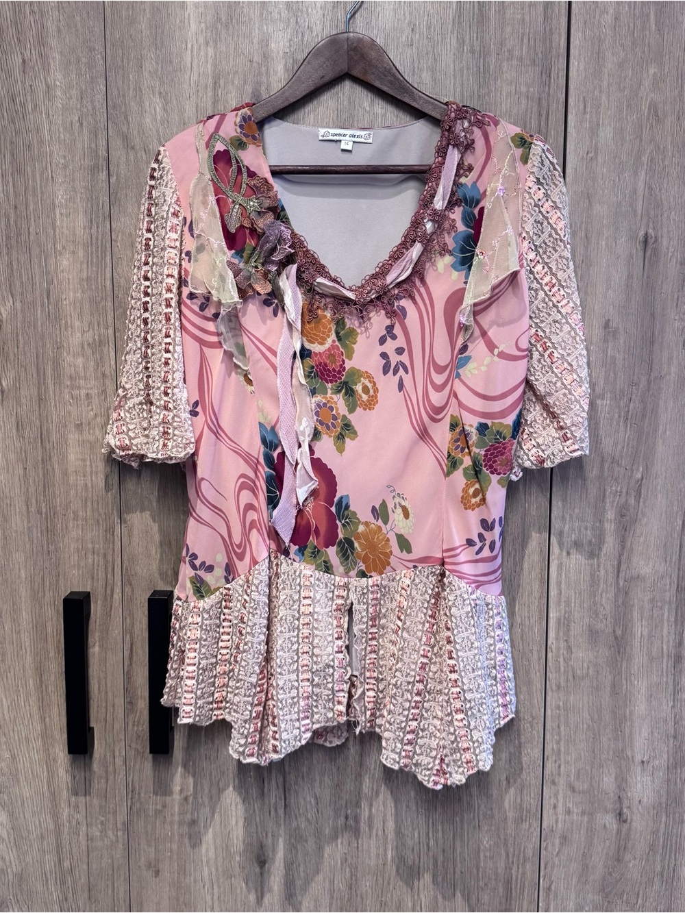 Spencer Alexis Y2K Lace Floral Pink Mixed-Print Ruffle Peasant Top 14